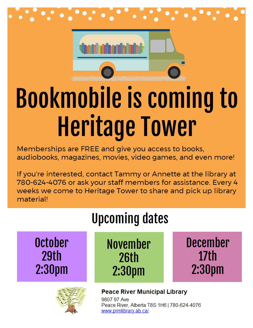 Bookmobile is coming to Heritage Tower on November 26th at 2:30pm.