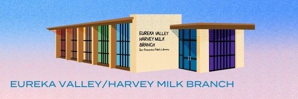 Artist's rendering of the Mid-Century Modern building housing the Eureka Valley/Harvey Milk Memorial branch library in which the windows are in the colors of the LGBTQ+ Pride flag.