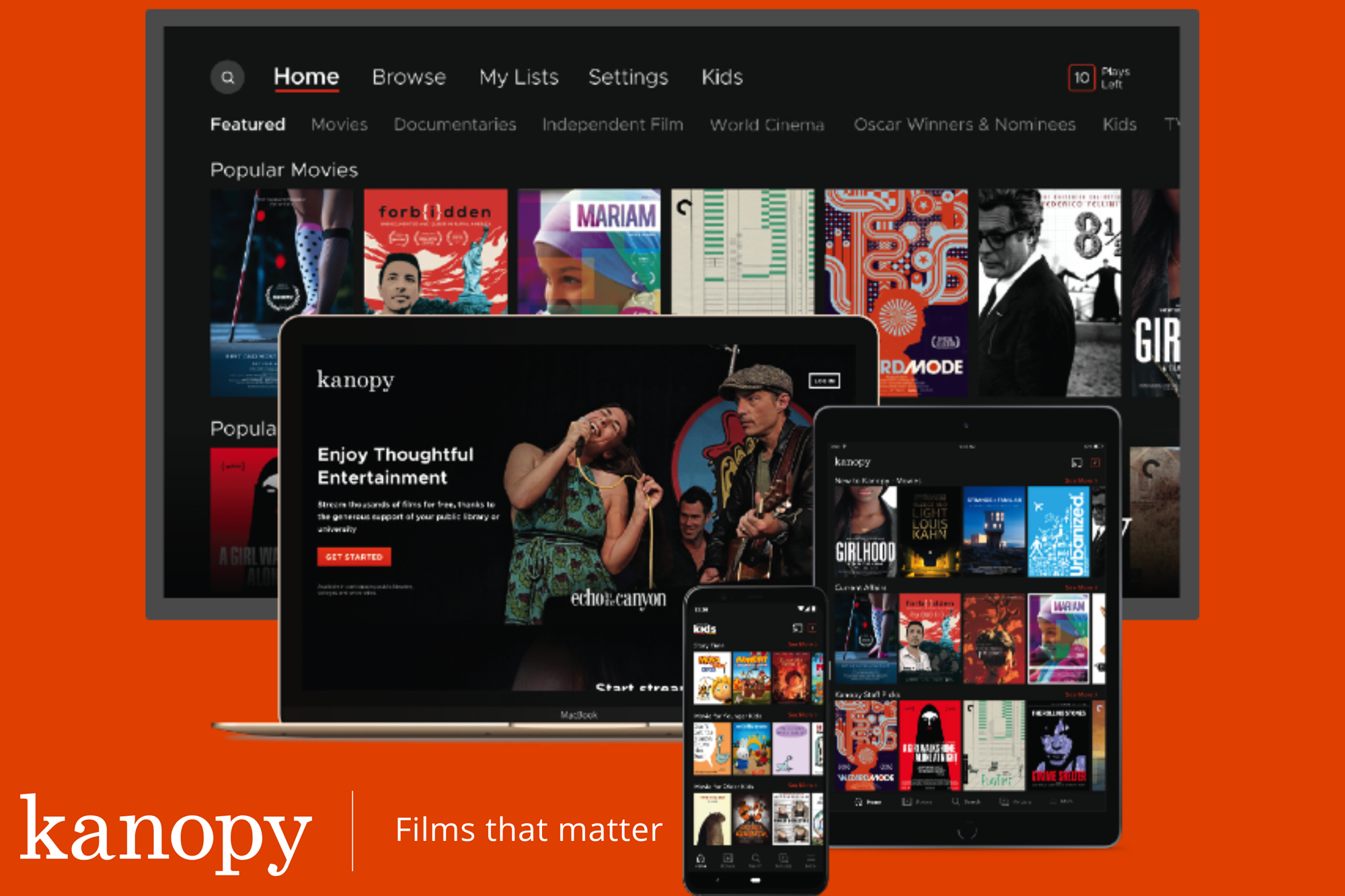 Kanopy - Homepage shown on TV, laptop, tablet, and mobile phone