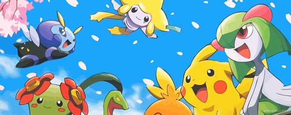 yellow and blue pokemon logo on a yellow background