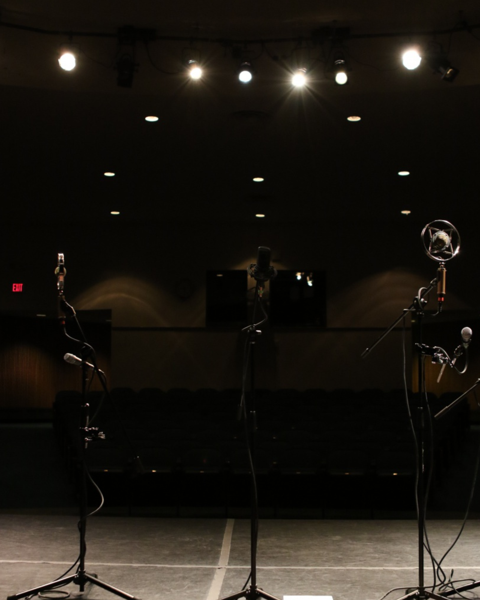 Microphones on stage in Williamsburg Library Theatre