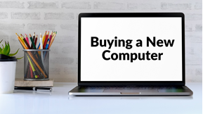 a laptop that says buying a new computer on the screen