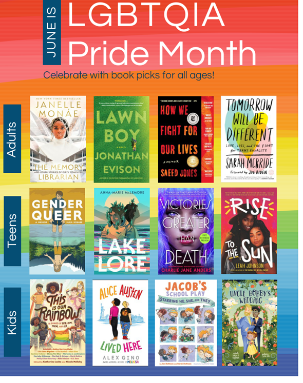 Book flyer with books for adults, teens, and kids. Top reads "June is LGBTQIA Pride Month. Celebrate with book picks for all ages!"