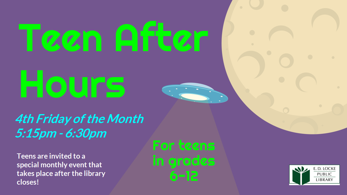 Flyer for Teen After Hours. Image of a moon and a spaceship. 