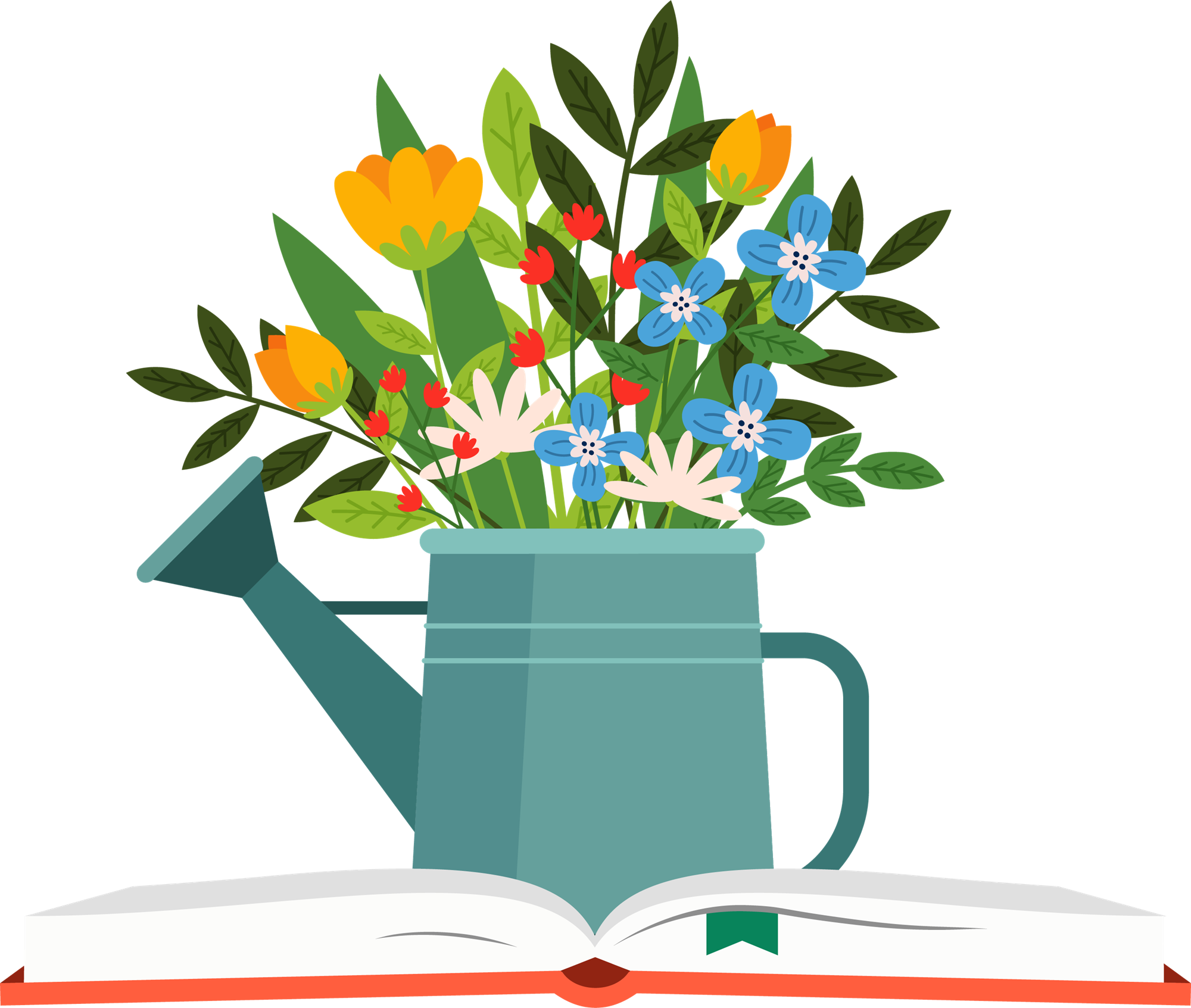 A book is lying open flat. On top of the book is a blue watering can with blooming flowers coming out of the top
