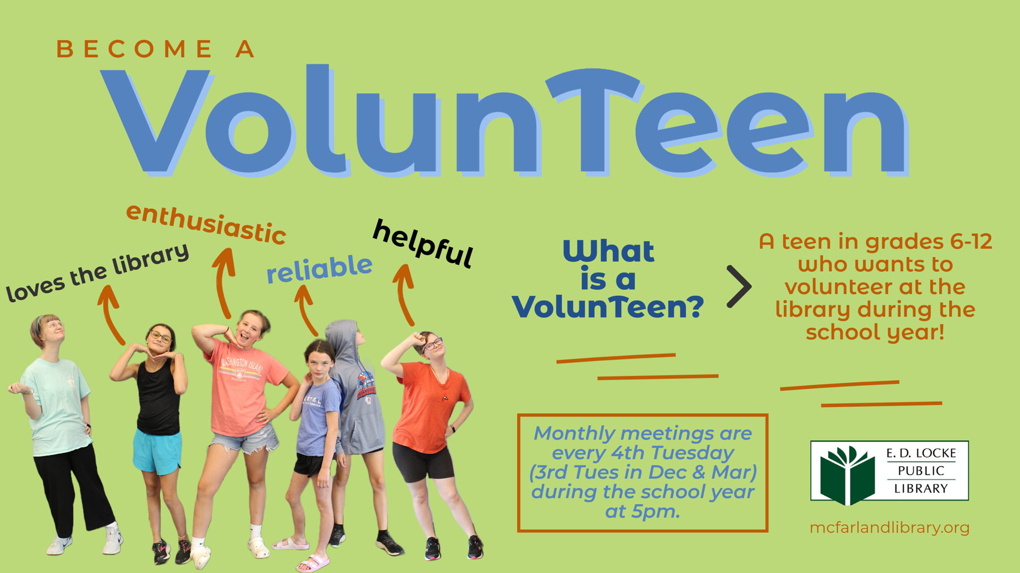 Become a VolunTeen. Image of 6 teens striking a pose. 