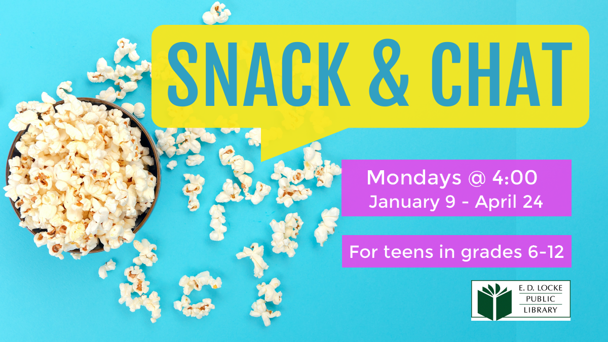 Snack and Chat flyer includes image of popcorn with a blue background.
