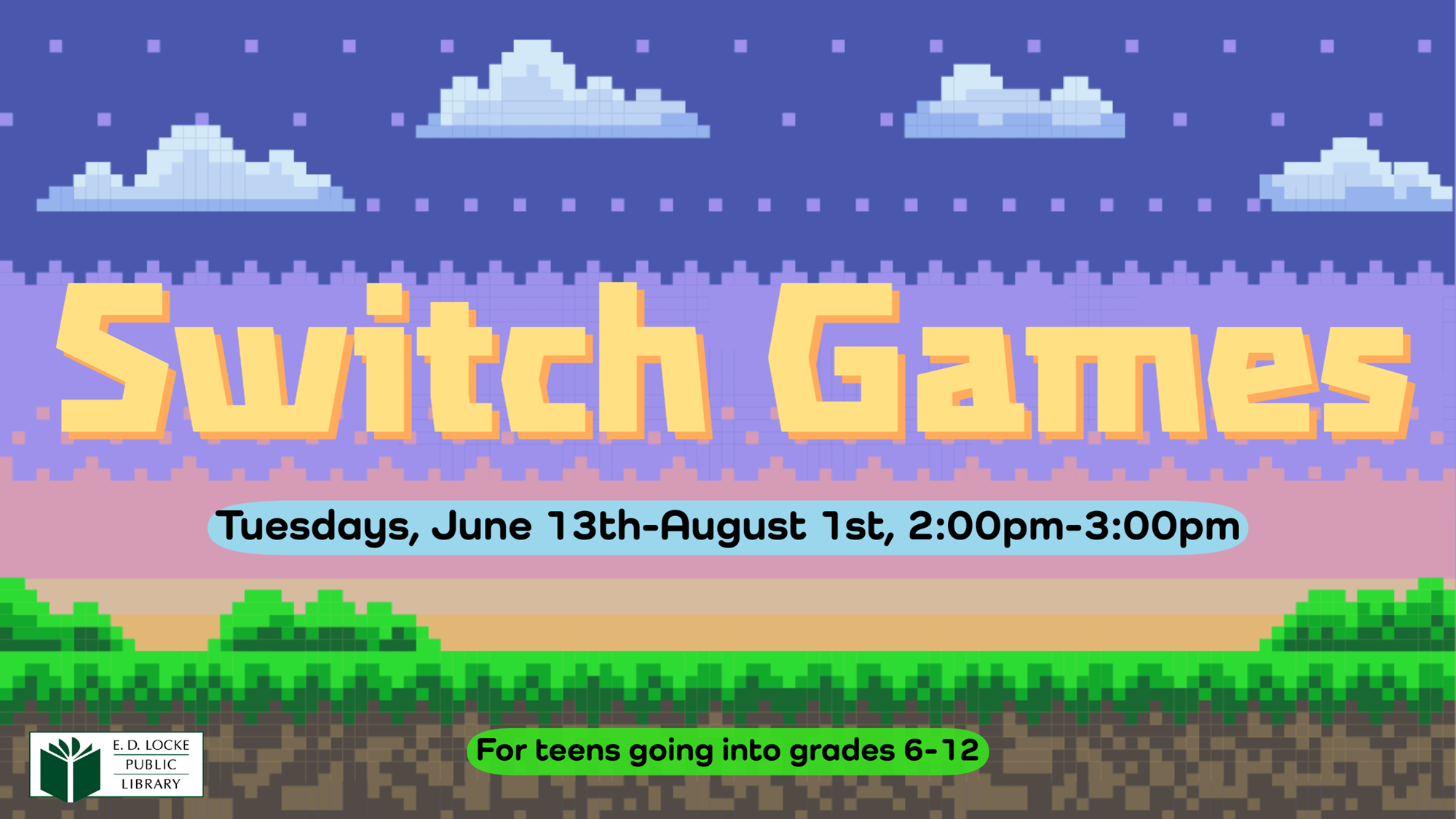 Switch Games. Background is a pixelated landscape, meant to mimic the game Minecraft. 