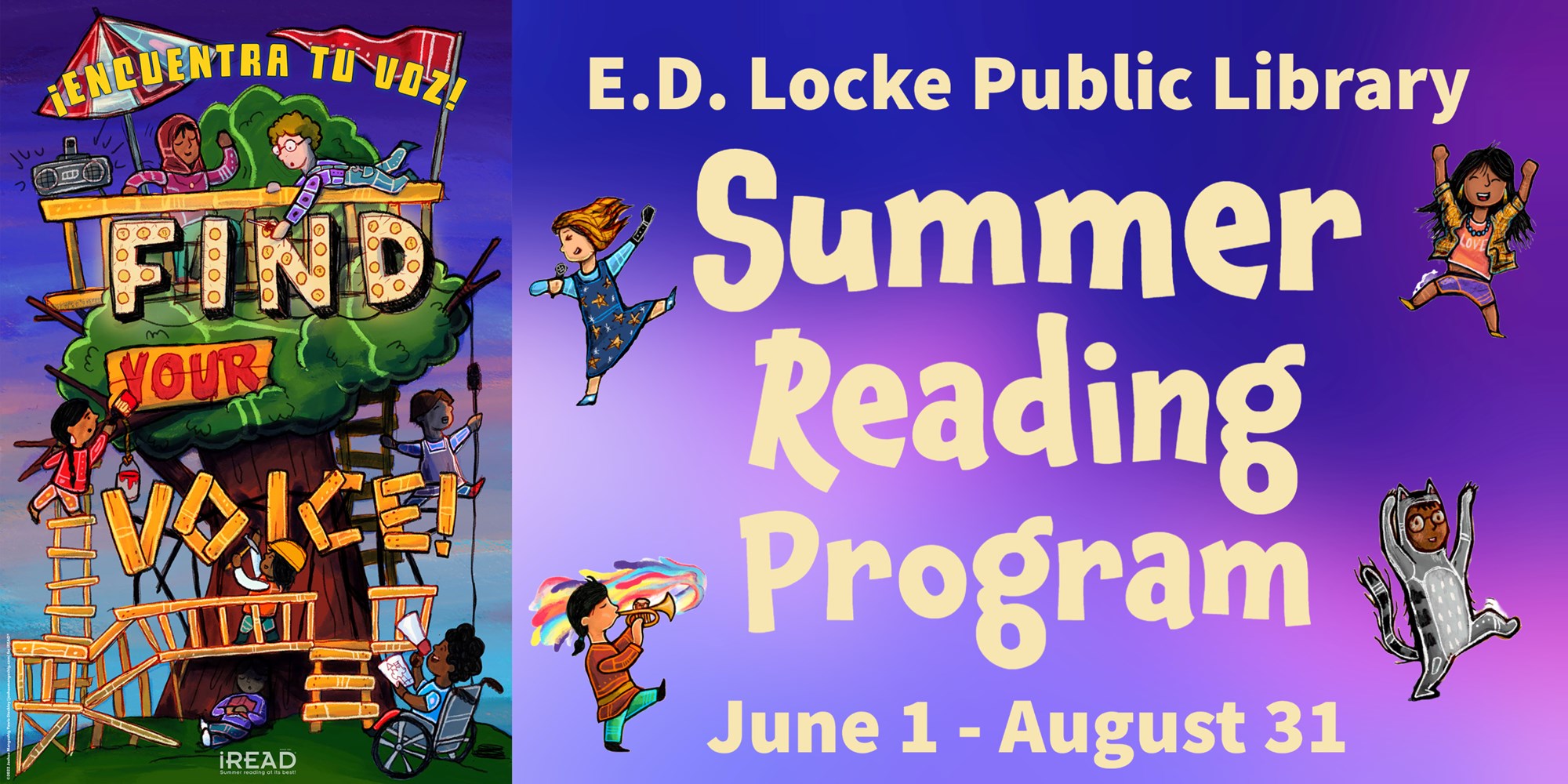 Summer Reading Program. June 1 - August 31. Image of illustrated children playing in a tree.