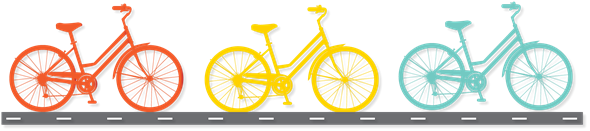 Clipart image of 3 bikes (orange, yellow, and teal) on a road.