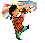 Clipart image of a child marching and playing a trumpet. Streams of color are coming out of the trumpet.