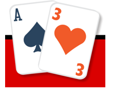 Clipart image of ace of spades and 3 of hearts cards against a white and red background