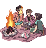 Drawing of a group of teens around a campfire