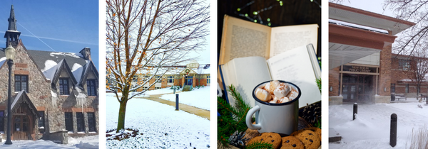 Email header image with photos of winter scenes and library exteriors with snow.