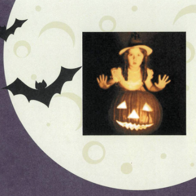 Graphic illustration of a moon and little witch with a jack o'lantern for Halloween event.