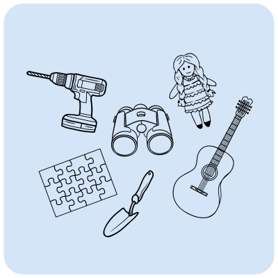 Icon line drawing of a collection of items - drills, binoculars, guitar, spade, doll, puzzle.