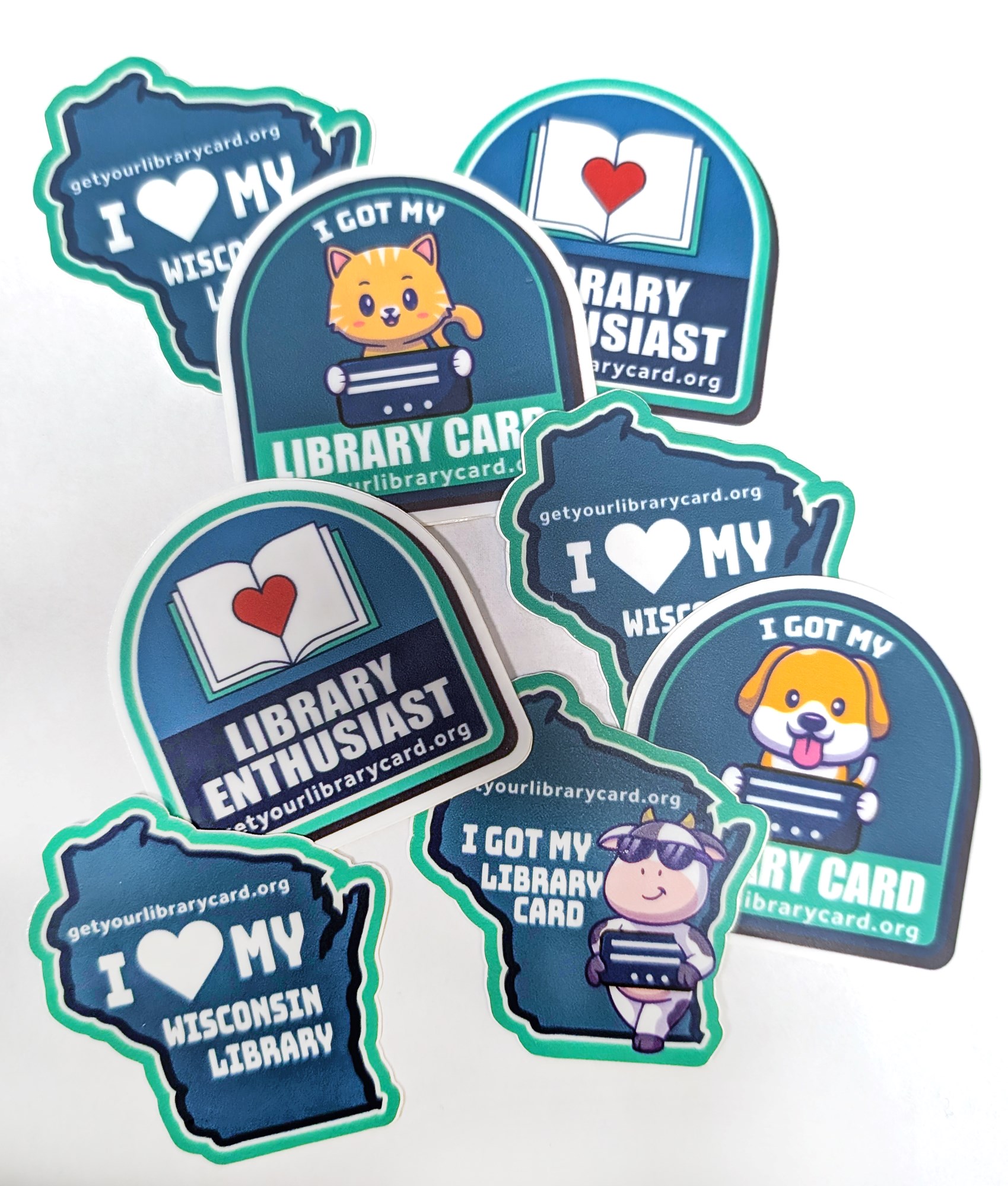 Photo of assorted stickers for library card sign-up month promotions.
