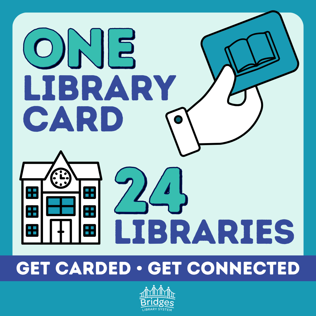 Graphic that reads "One library card, 24 libraries" for Library Card Sign-up Month