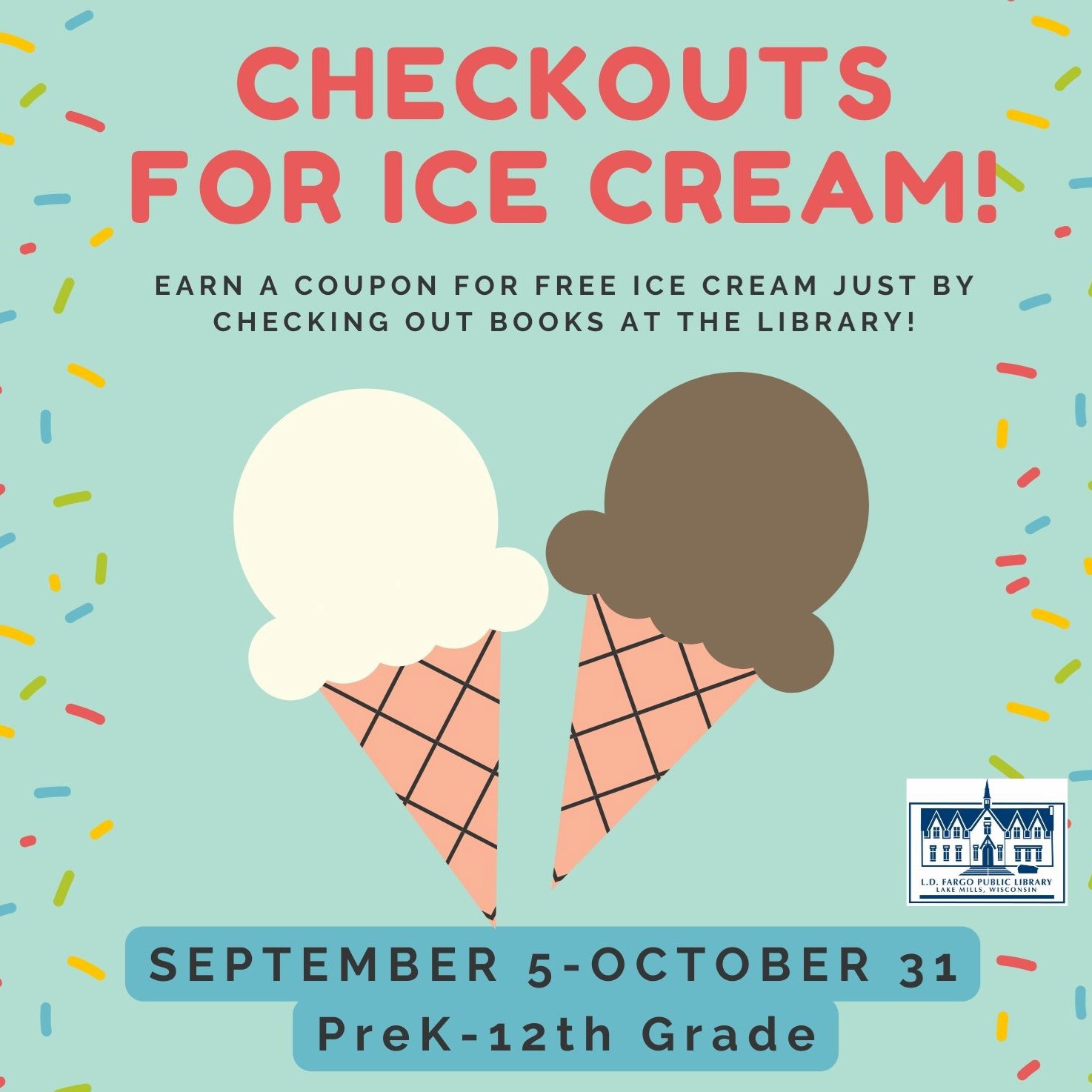 Graphic that reads "Checkouts for ice cream" with two ice cream cones illustrated below.