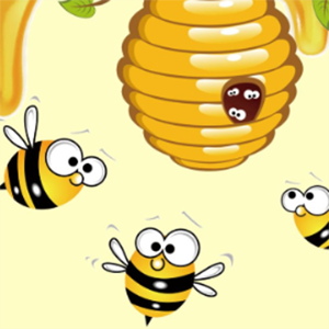 Graphic illustration of three cartoon bees flying around a bee hive. Graphic illustration of three cartoon bees flying around a bee hive.
