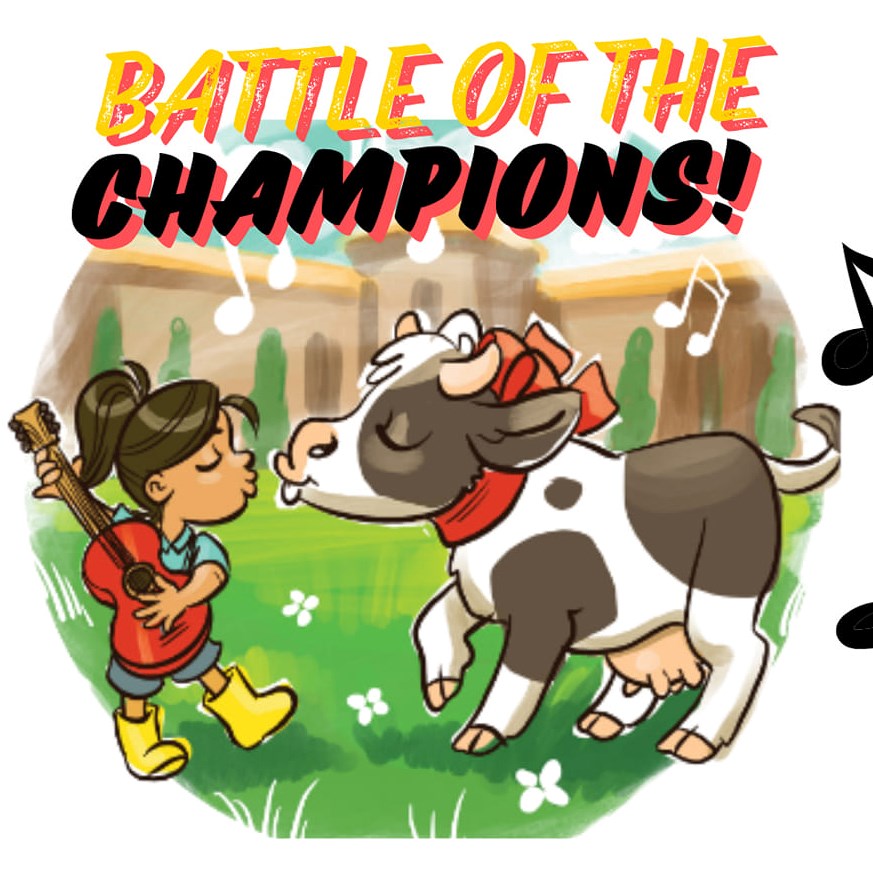 Graphic that reads: "battle of the champions" with an illustration of a girl preparing to kiss a cow below.