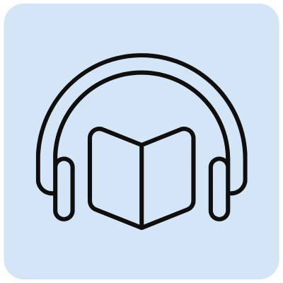 Icon line drawing of headphones over a book.