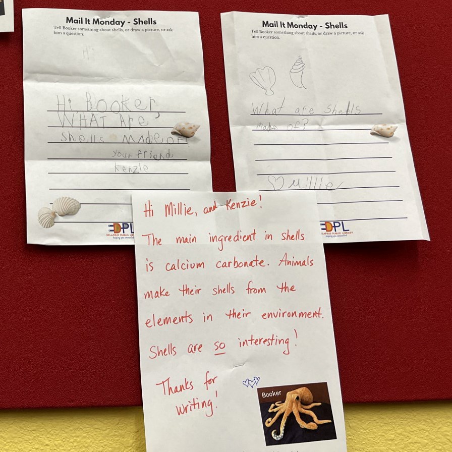 Photos of the letters and responses pinned to the bulletin board at Delafield Public Library.