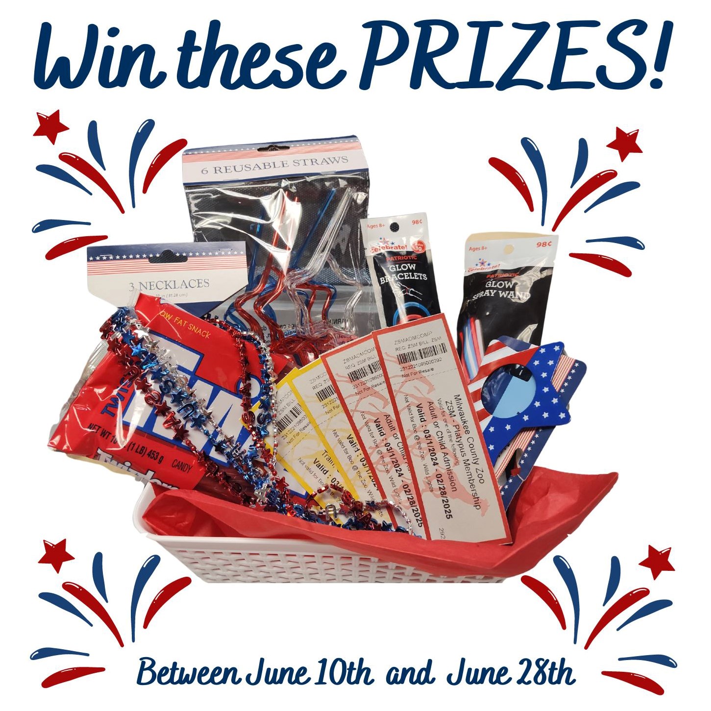 Graphic that reads: "win these prizes between June 10 and June 28" with a photo of the prizes in the middle.