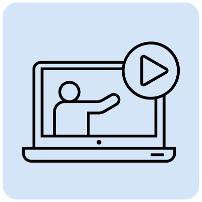 Icon line drawing of computer screen with a person figure on it.