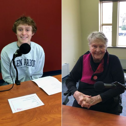 Photo split into two with a young man on left and a grandmother on right.
