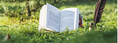 photo of an open book in a grassy field with a quill pen and bottle of ink