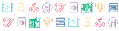 small colorful icons show library resources: book, artist's palette, microphone, smart phone, video game controller, film, music note.