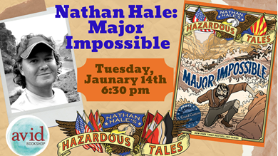 illustration that on the left features a black and white photo of the author Nathan Hale, who has curly hair and is wearing a ball cap. On the right of the image is a photo of the book jacket, featuring cartoon illustrations of the story. 