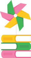 colorful illustration of pinwheel on a stack of three books.