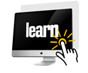 Illustration of a computer monitor with the word "learn" on the screen. A hand is touching the screen.