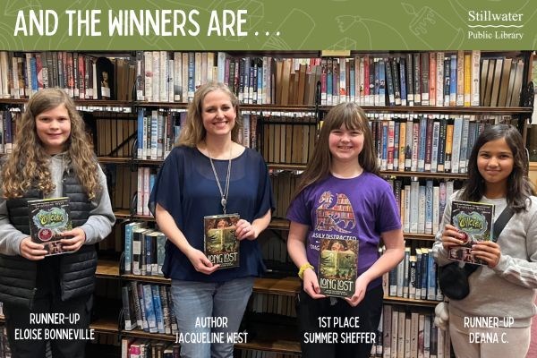 Winner of mystery youth writing contest Eloise, Summer, and Deana with author Jacqueline West