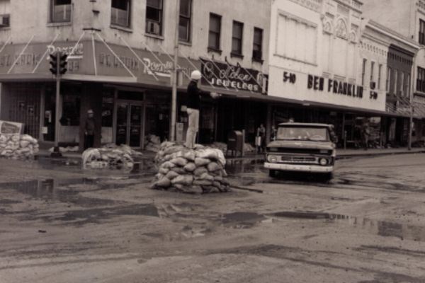 Sandbags in Downtown Stillwater in 1965 flood
