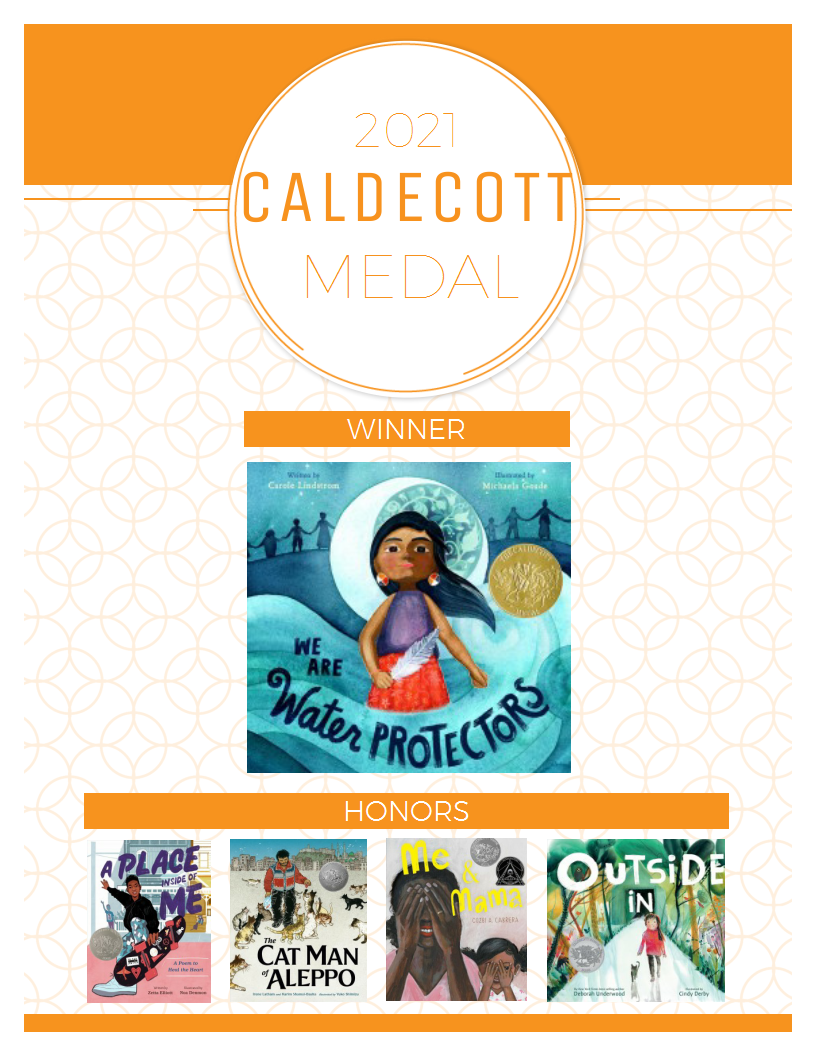 post showing book covers for titles receiving the 2021 Caldecott Medal including honors titles