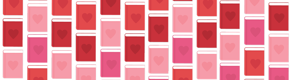 rows and rows of red and pink book covers (blank aside from color) in a pattern.