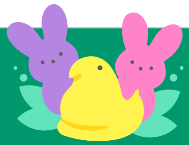 Two bunnies, one purple and one pink, and one chick, yellow, Peeps candy on a green background