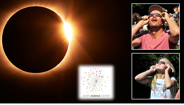 Solar Eclipse image with images of people looking up wearing glasses 