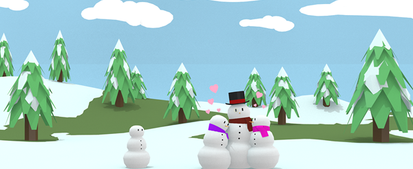 Cartoonish graphic of snowmen and snow covered trees. 