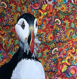 A painting of a puffin done on fabric by October artist Mary L. Sottung A painting of a puffin done on fabric by October artist Mary L. Sottung