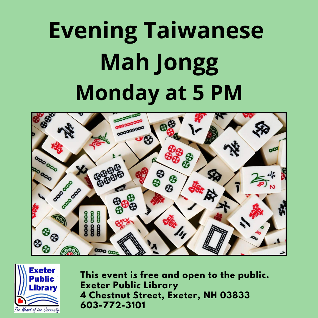 Evening Taiwanese Mah Jongg from 5 PM - 7 PM. Evening Taiwanese Mah Jongg from 5 PM - 7 PM.