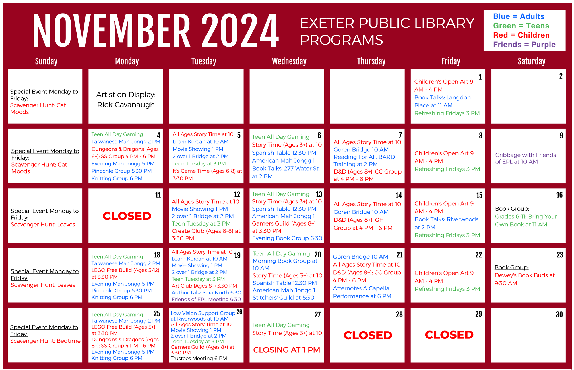 November 2024 Library Programs Calendar