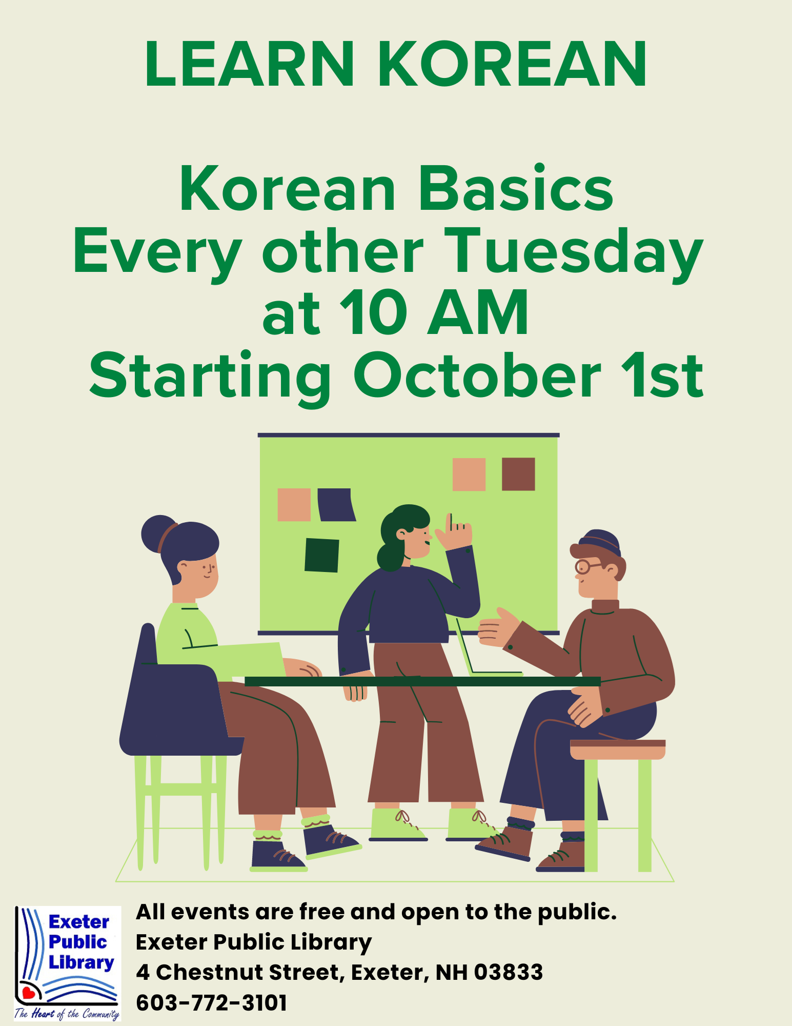 Learn Korean basics every other Tuesday at 10 AM starting October 1st Learn Korean basics every other Tuesday at 10 AM starting October 1st