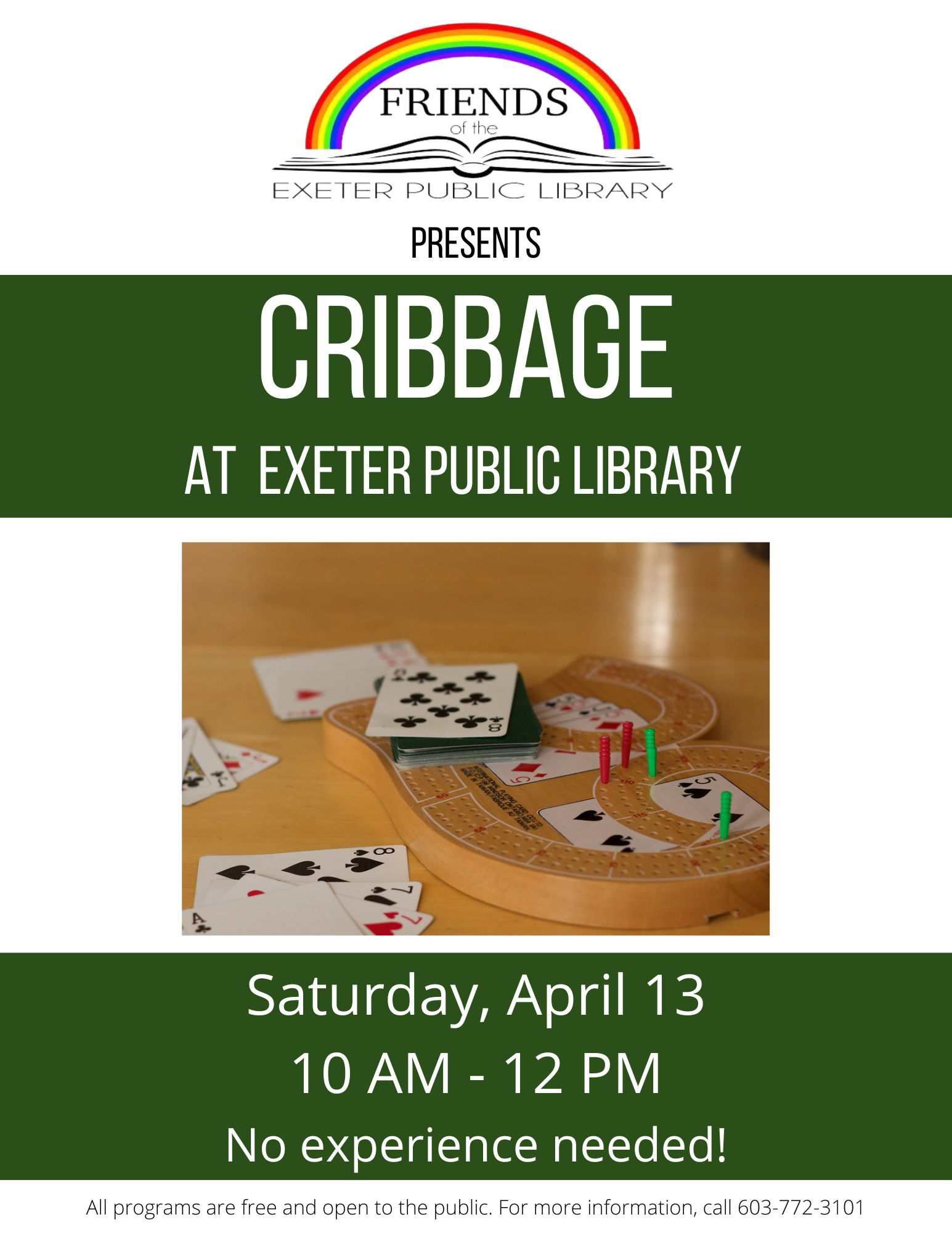 Cribbage at the Library Saturday, April 13, 10 AM - 12 PM. 