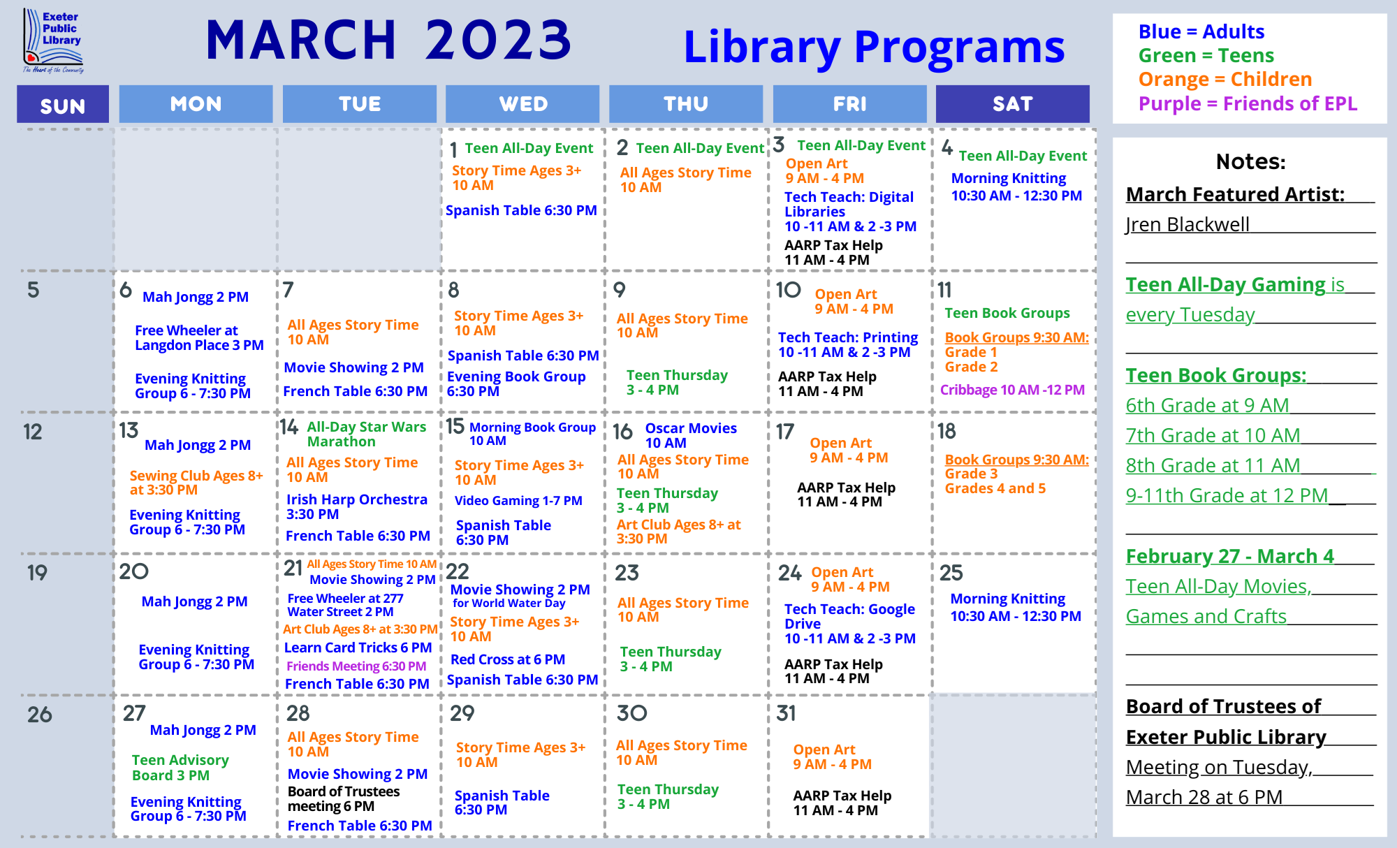 March Library Calendar of Events