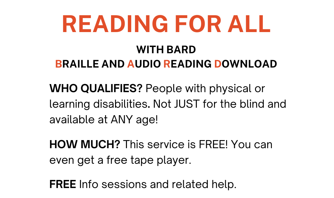 Reading for All BARD Information Sessions on Thursday, November 7 at 2 PM, Wednesday, November 13 at 10:30 AM, and Thursday, December 12 at 6 PM.