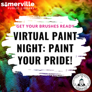 Dark rainbow clouds in the background with the title "Get your brushes ready: Virtual paint night: paint your pride" on top.